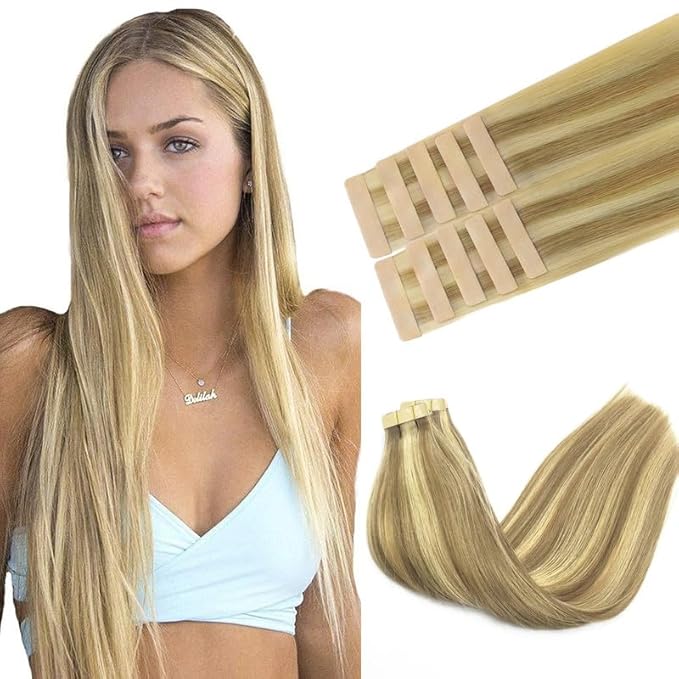 GOO GOO Tape in Hair Extensions Human Hair, 16/22 Light Blonde Highlighted Golden Blonde, 14inch 25g 10pcs, Skin Weft Seamless Invisible, Silky Straight with Thick Ends, Remy Human Hair