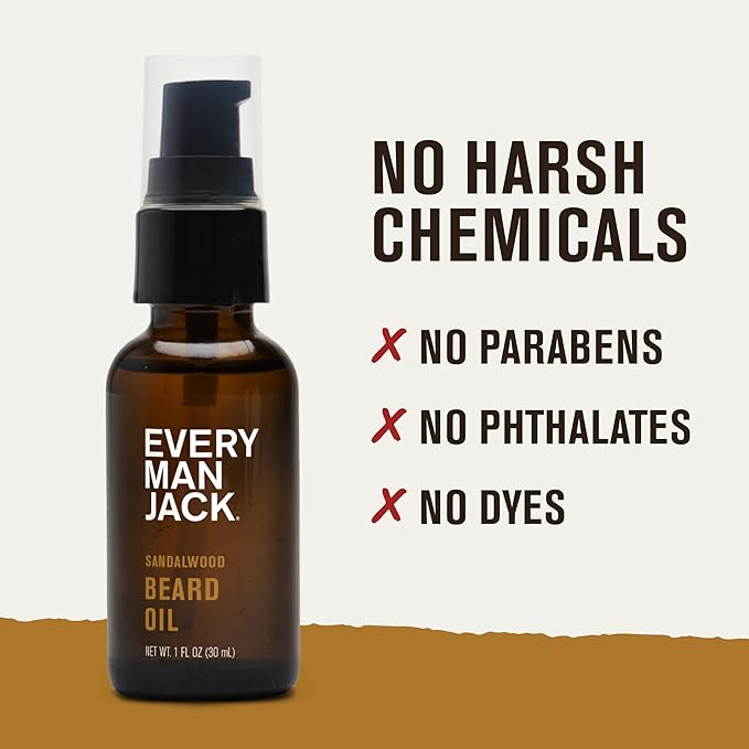 Every Man Jack Men's Beard Oil - Sandalwood Fragrance - Deeply Moisturizes and Softens Your Beard and Adds a Natural Shine - Naturally Derived with Shea Butter and Argan Oil - 1 fl oz