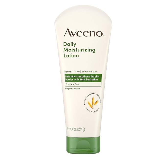 Aveeno Daily Moisturizing Body Lotion, Body Lotion for Dry Skin with Prebiotic Oat, Paraben Free, Fragrance Free, Non-Greasy, Non-Comedogenic Moisturizer, 8 FL OZ