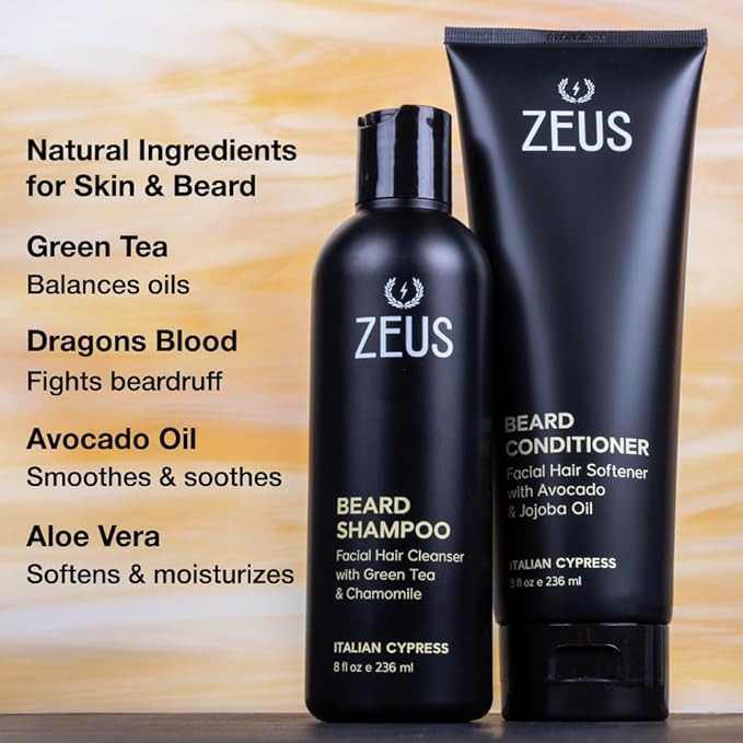 ZEUS Beard Wash Set for Men, Shampoo & Conditioner Duo with Green Tea, Chamomile & Essential Oils to Hydrates, Softens & Strengthens Facial Hair and Skin (Made in USA) Italian Cypress