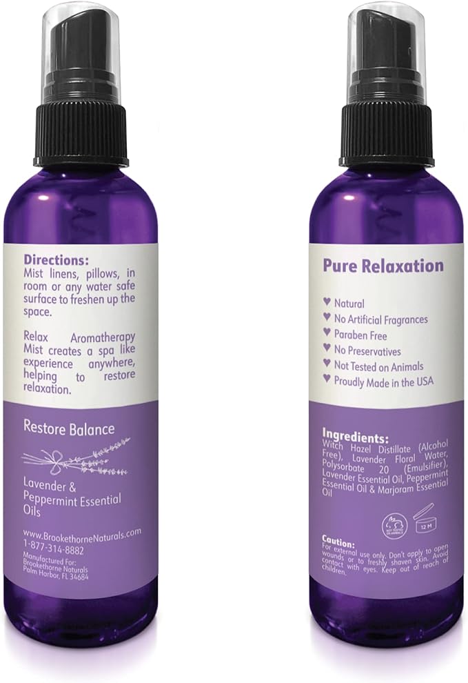 Relax Lavender Spray for Sleep, Natural Linen Spray for Bedding, Perfect Lavender Pillow Spray for Sleep. Aromatherapy Bed Spray with Lavender & Peppermint Essential Oils by Brookethorne Naturals 4oz