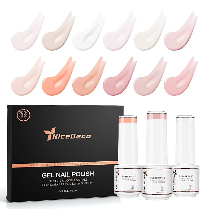 Nicedeco Rubber Base Gel Polish for Nails, Hema Free, Cruelty Free, Vegan, 12 Pcs Rubber Gel Nail Strengthener Nude Pink Nail Polish Kit 3