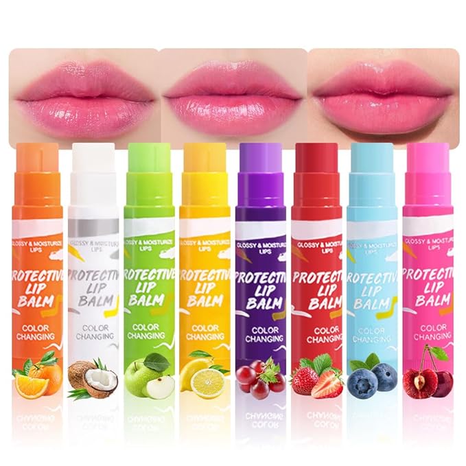 evpct 8Pcs Color Changing Tinted Lip Balm Lipstick Gloss Set, Long Lasting Waterproof Fruit Ultra Moisturizing Repairing Lip Care for Dry, PH Mood Permanent Color Changing Lipstick Lip Balm for Women