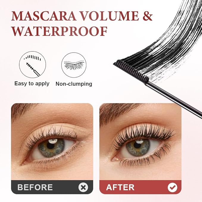 Waterproof and Non-Smudging Mascara, Lengthening and Curling Long-lasting Mascara for Fine Short Lash Women, Slim Brush Length Volumizing Curling Eyelash Lashes Mascaras for Lash Makeup (Brown)