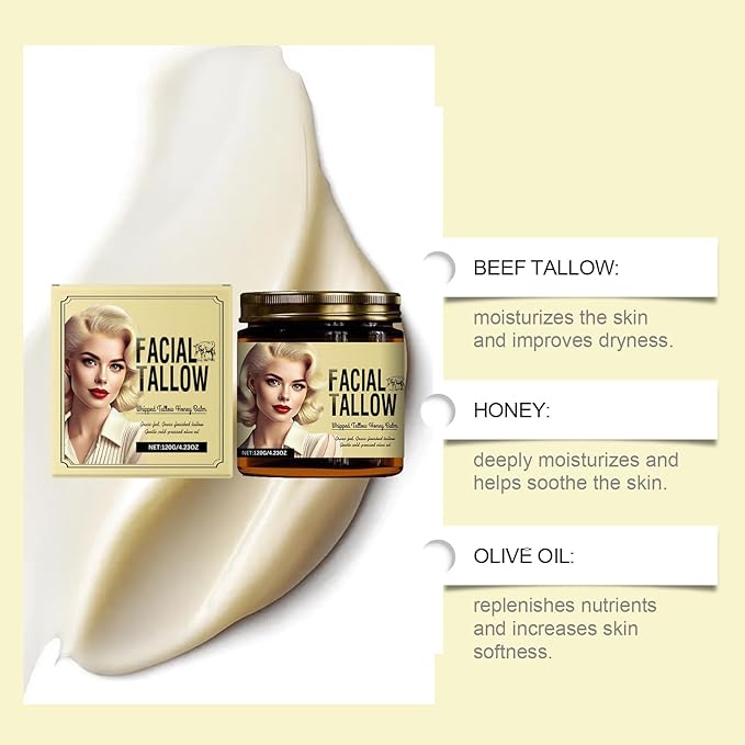 [120g Jar] Tallow & Honey Moisturizing Cream - Deep Hydration, Soothes Dryness, Improves Skin Texture - Lightweight, Fast-Absorbing, Non-Greasy - For Men & Women