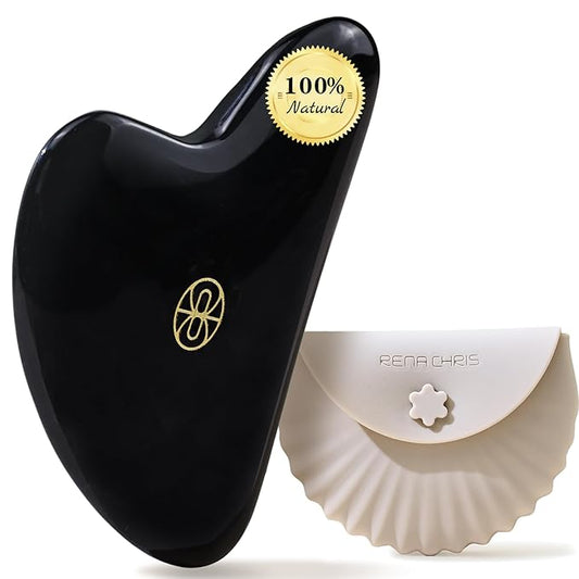 Rena Chris Gua Sha Facial Tools, Ergonomic Black Obsidian Jade Guasha Tool for Face Massage, Manual Facial Massager Tool for Jawline Sculpting and Puffiness Reduction with Silicone Case (Black)