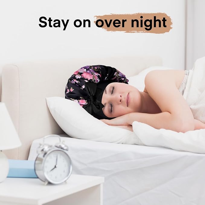 Arqumi 2 Pcs Satin Silk Bonnet for Sleeping Women, Long Strap Tie Band Adjustable Sleep Night Cap Curly Hair Bonnet Wrap for Braids Mother's Day Girls Gifts,Black + Black Flower Pattern (Large)