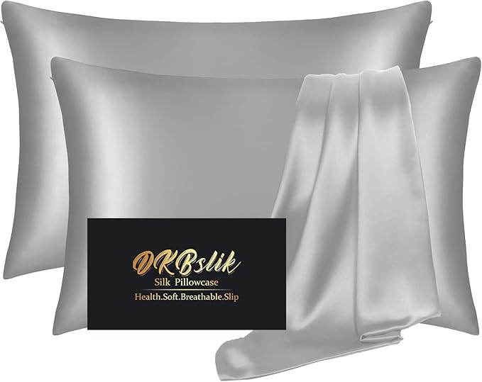 Silk Pillowcase 2 Pack, Natural Mulberry Silk Pillow Case, Anti Acne Silk Pillowcase for Hair and Skin, King Size Silk Satin Pillowcase Set of 2 with Hidden Zipper, Gifts for Women Men, Grey