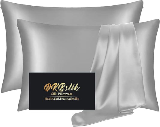 Silk Pillowcase 2 Pack, Natural Mulberry Silk Pillow Case, Anti Acne Silk Pillowcase for Hair and Skin, King Size Silk Satin Pillowcase Set of 2 with Hidden Zipper, Gifts for Women Men, Grey