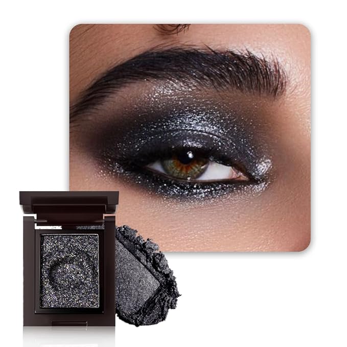 Sparkly Eyeshadow Palette for Women, Single Monochrome Eye Shadow Makeup, Shiny Pressed Cream Powder, Blendable Natural sombras para ojos, Holographic,Vegan,Travel (05-Glitter-Ink Black)