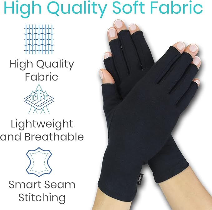 Vive Rheumatoid Arthritis Gloves - Men and Women Fingerless Compression Wrap for Hand Pain and Osteoarthritis - Black Hand Wrap for Arthritic Joint Symptom Relief - Open Finger Fit