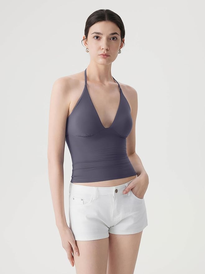 SUUKSESS Women Double Lined Halter Tank Top Summer Padded Going Out Tops Sleeveless Basic Shirts