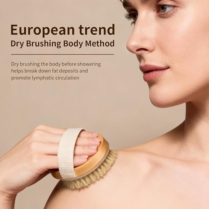 Dry Brushing Body Brush for Lymphatic Drainage-Vegan Dry Brush with Contoured Non-Slip Handle +Wood Therapy Massage Tools. Maderoterapia Kit, Gua Sha, Anti-Cellulite, Body Sculpting, Sensitive Skin