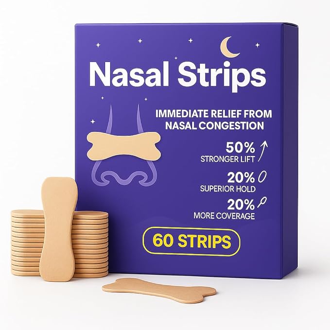 Extra Strength Nasal Strips for Snoring and Nasal Congestion Relief,Drug-Free Breath Better Nose Strips with Strong Adhesive,50% Stronger Lift,Clear Comfortable Design for Sensitive Skin,60 PCS
