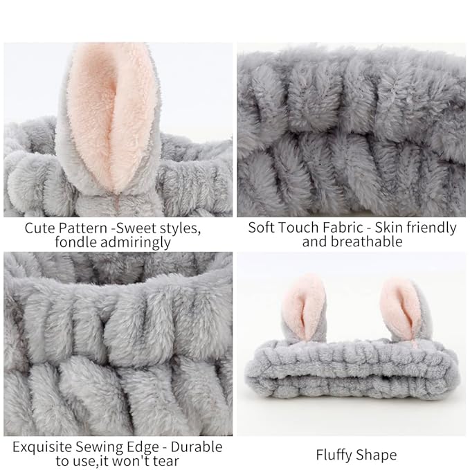 AHONEY Animals Ears Headbands, Cute Makeup Spa Fuzzy Skincare Headband for Washing Face Headband for Women Girls Coral Fleece Elastic Hair Band Cosplay Makeup Party, 4Pcs