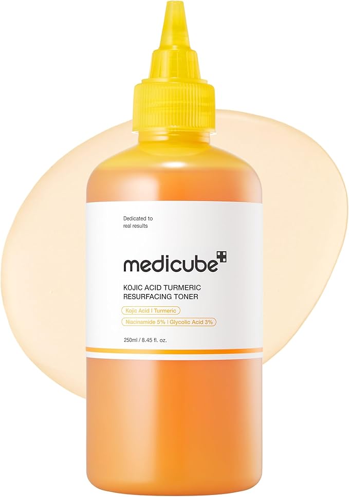 medicube Kojic Acid Turmeric Smoothing Toner for Face & Body | Lightweight Toner for Balancing Uneven Skin Tone & Texture | Niacinamide, Glycolic Acid for Clear Glass Skin | 8.45 fl.oz