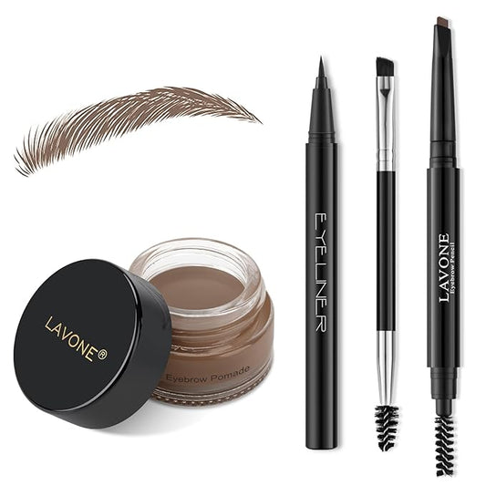 LAVONE Eyebrow Stamp Pencil Kit for Eyebrows Makeup, with Waterproof Eyebrow Pencil, Eyeliner, Eyebrow Pomade, and Dual-ended Eyebrow Brush - Brown