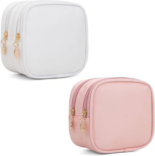 2PCS Small Makeup Pouch, Double Zipper Cosmetic Bag, Travel Makeup Bag, Cute Makeup Bag for Purse, Mini Toiletry Bag (White+Pink)
