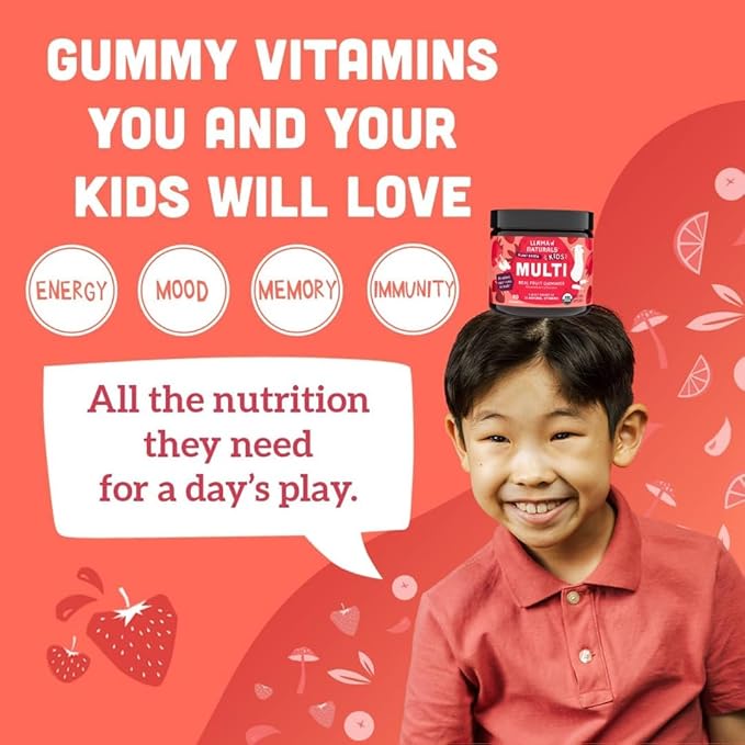 Llama Naturals Kids Multivitamin Gummies | Real Fruit, No Added Sugar Cane | Organic Vegan Toddler Whole Food Vitamins | Vitamin D, C & Beta Carotene Gummy Supplement | Strawberry 90 Ct (1-2 Months)