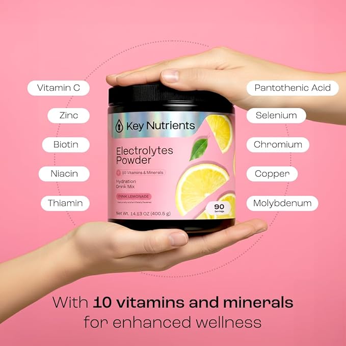 KEY NUTRIENTS Multivitamin Electrolytes Powder No Sugar - Fresh Pink Lemonade Electrolyte Powder - Endurance & Energy Supplement - Hydration Powder - No Calories - 90 Servings - Made in USA
