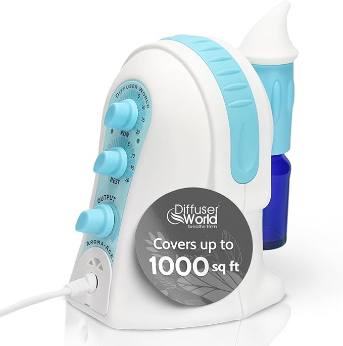 1000 Sq Ft Waterless Diffuser for Essential Oils, Made in USA Blue Waterless Aroma Atomizer for Home Large Room Fragrance, Home Scent Machine, Air Aromatherapy with Adjustable Timer