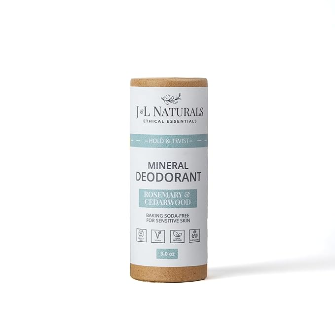 J&L Naturals Mineral Deodorant | Baking Soda-Free, 100% Natural, Sustainable | Sensitive Deodorant For Women & Men | Aluminum Free, Vegan, Cruelty-Free (Rosemary & Cedarwood, 3 Oz (Pack of 1))