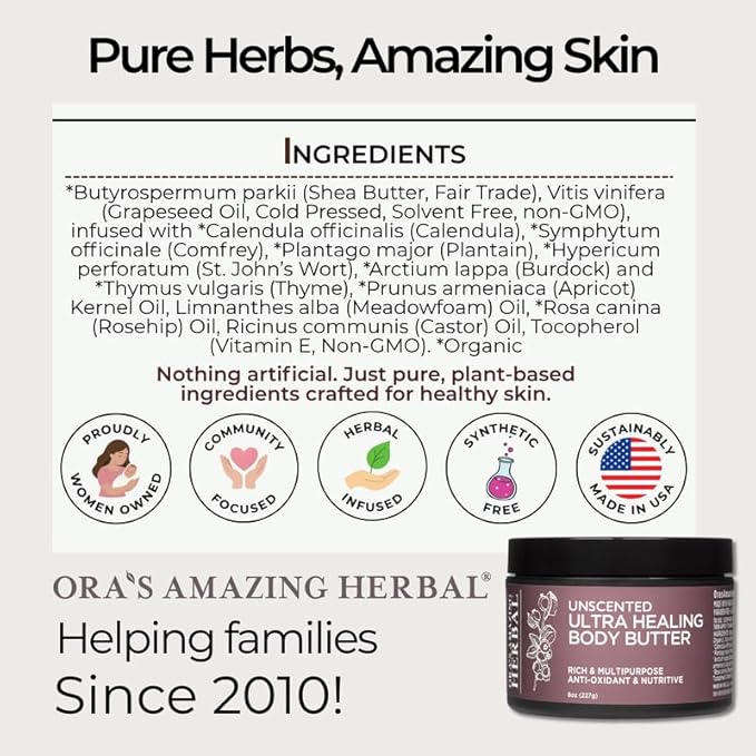 Ora's Amazing Herbal Ultra Healing Body Butter, Intensive Unscented Moisturizer For Dry Skin, Fragrance Free Skin Cream, 8 oz Large