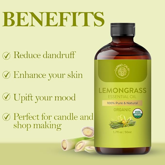 Lemongrass Essential Oil | USDA Certified Organic Lemongrass Oil | for Aromatherapy Skin & Hair | Diffusers Soap & Candle Making | 1.7 fl. Oz