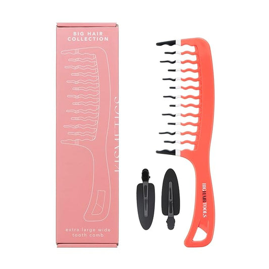Big Hair Tools Extra Large Wide Tooth Comb for Thick, Curly, Wavy or Long Hair - Frizz-Free Detangling Shower Comb - Big Hair Comb and 2 Dent Free Clips