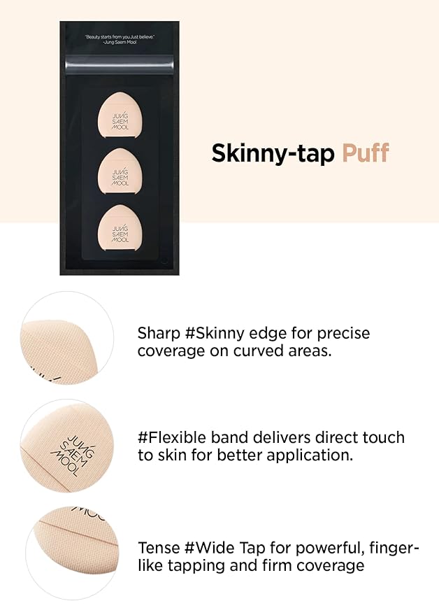 JUNG SAEM MOOL Skinny Tap Puff 3pcs, Mini Precision Puff for Concealer and Touch-Up, Ultra-Slim Fitting Makeup Sponge for Seamless Coverage Around Nose Eyes Lips, Travel-Friendly Korean Beauty Tool