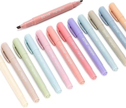ZEYAR Highlighters, Dual Tips, 12 Vintage Colors, Chisel & Fine Point, Aesthetic Marker for Journal, Bible Study, School, Office Supplies
