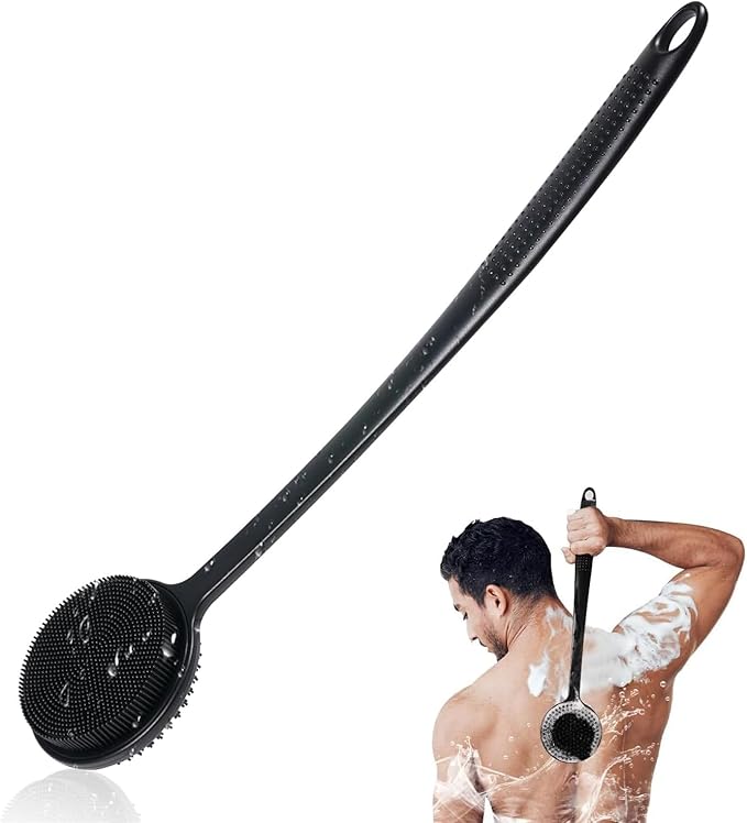 Silicone Back Scrubber for Shower, 17in Lengthen Long Handle Body Brush, Double Sided Shower Brush for Shower Exfoliating and Massage Can Produce Rich Foam, Long Handle Back Scrubber for Men