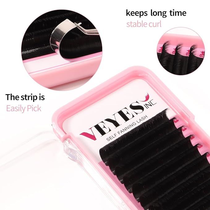 VEYES INC Easy Fan Volume Lash Extensions 03 05 07 J/B/L/C/CC/D/DD Curl 8-25mm Mixed & Single Length Tray, Matte Black Self Fanning Eyelashes, Professional Supplies for Lash Techs (0.07 CC 15mm)