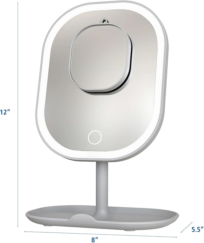 Rechargeable LED Makeup Mirror with Lights, 5X Magnifying & Storage Tray | Touch Control Vanity Mirror for Desk, Compact Makeup Mirror with Adjustable Brightness