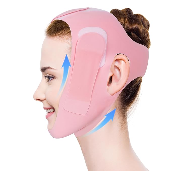 V Line Lifting Mask, Soft Silicone Double Chin Reducer, Chin Strap for Sleeping - Jawline Shaper - Face Lifting Strap 23-27 Inches (Pink)