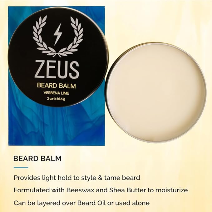 ZEUS Everyday Beard Kit for Men, Facial Hair Shampoo, Conditioner, Oil, Balm & Tin Gift Box, Premium Beard Care & Grooming Set (Made in USA) Verbena Lime