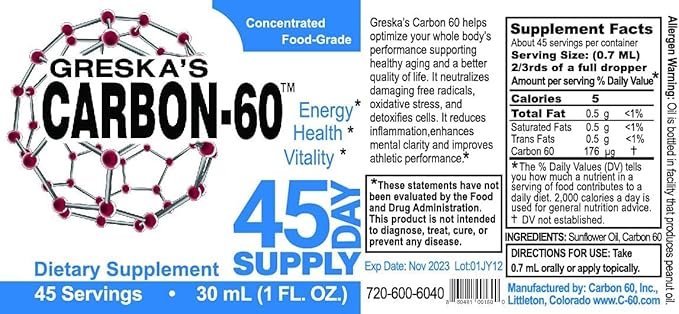 Greska's Carbon 60 in Organic Sunflower Oil - 90 Day Supply - Solvent-Free C60 Antioxidant Formula for Cellular Support, Vitality, Focus & Overall Wellness (2oz)