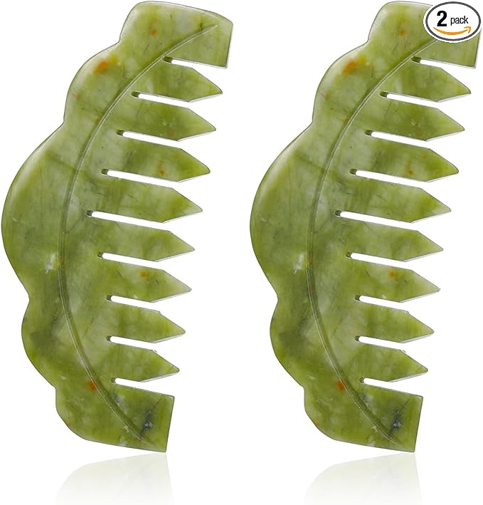 Geiserailie 2 Pcs Jade Combs Esthetician Supplies Massage Stone Hair Gua Sha Scraping Scalp Comb Facial Massage Tool Handheld Head Tools Head Caring Therapy Valentines for Women(Plain Style)