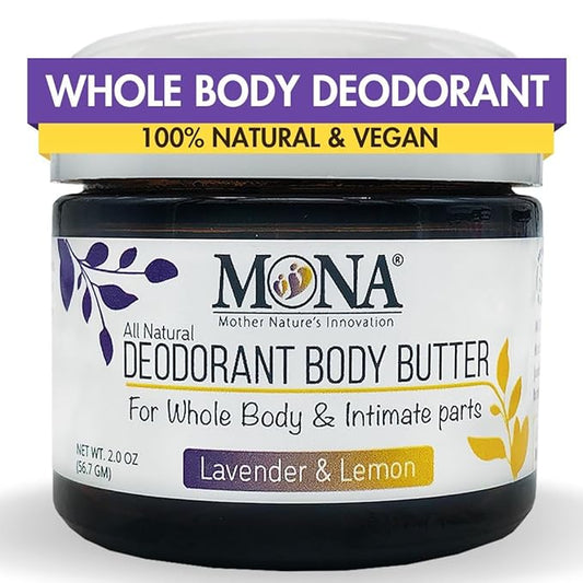 MONA BRANDS All Natural Deodorant Body Butter for Whole Body & Intimate Parts | Deodorant Cream for Women, Men, and Teens | Aluminum Free | Lavender & Lemon 2 oz