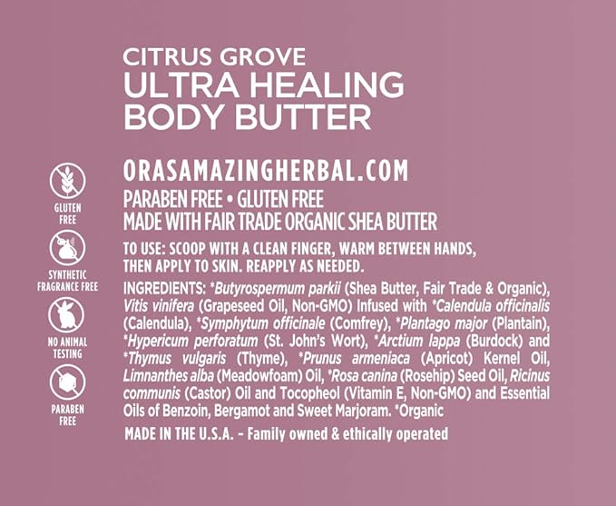 Ora's Amazing Herbal Ultra Healing Body Butter, Intensive Moisturizer For Dry Skin, Hand Cream with Organic Shea Butter, Marjoram & Bergamot Essential Oil, Herbal Skincare, Citrus Grove Scent, 2 oz
