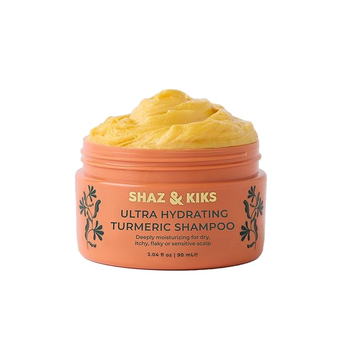 SHAZ & KIKS Ultra Hydrating Turmeric Shampoo | Deeply Moisturizing for Dry, Itchy, Flaky or Sensitive Scalp | Ayurvedic Turmeric & Kokum Butter | Natural, Vegan, Sulfate-Free, Color-Safe | 90ml
