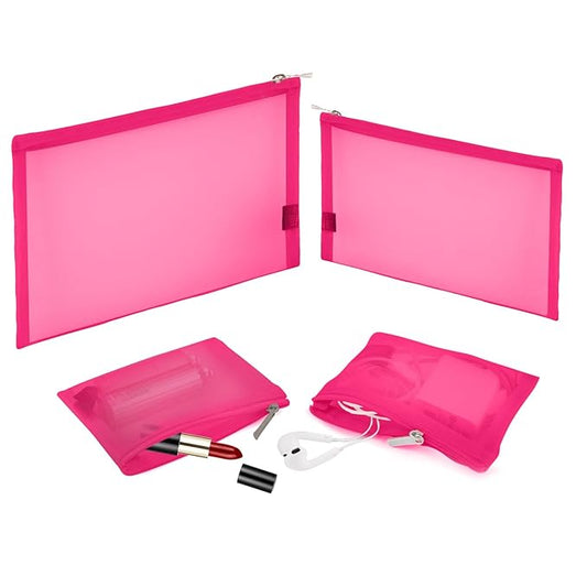 EASYFUN Mesh Pouch, Make up Bag with Zipper Cosmetic Organizer Pouch for Daily or Travel to Keep Small Items, 4 PCS Rose red