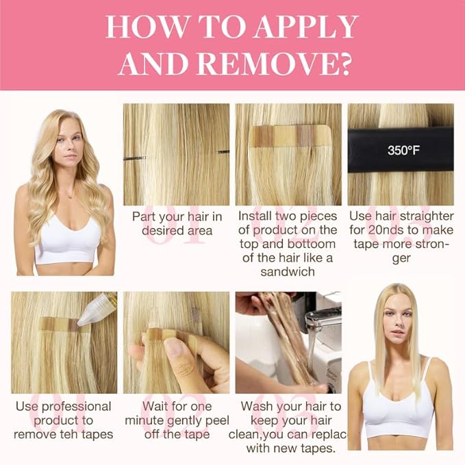 GOO GOO Tape in Hair Extensions Human Hair, 16/22 Light Blonde Highlighted Golden Blonde, 18inch 100g 40pcs, Skin Weft Seamless Invisible, Silky Straight with Thick Ends, Remy Human Hair