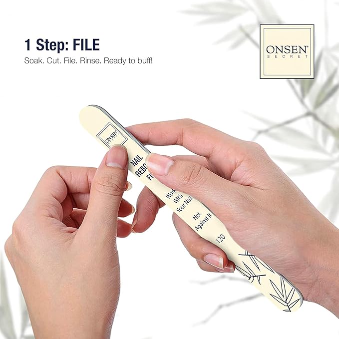 Onsen Secret Ultimate Nail Reboot Kit - Includes Cuticle Oil & Anti Aging Hand Lotion, Professional Nail File and Buffer, 3-Way Block w/Replacement Pads, Nail Strengthening Cuticle Cream