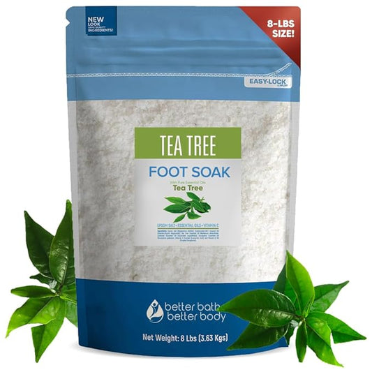 Tea Tree Foot Soak 128 Ounces (8 Lbs) Epsom Salt with Natural Scent Tea Tree and Lavender Pure Essential Oils Plus Vitamin C in BPA Free Pouch with Easy Press Lock Seal Made in USA