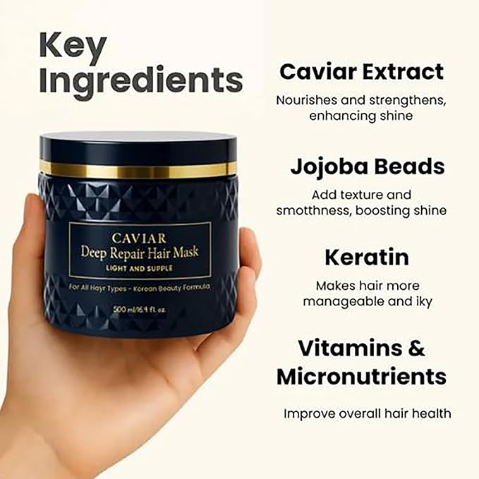 Korean Caviar Hair Mask - Deep Repair (16.9 Fl.Oz / 500ml) Moisture Treatment Hair Masque Hair Mask for Dry Damaged Hair and Growth, Damaged Hair Rescue, Healthy, Shiny Hair in Just 3 Minutes (1 jar)