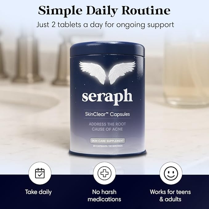 Seraph Acne Supplement - Hormonal Acne Pills Treatment - Pimple Supplements for Women - Skin Clear Capsules for Teen, Men, & Adults - Made in USA - 60 Tablets