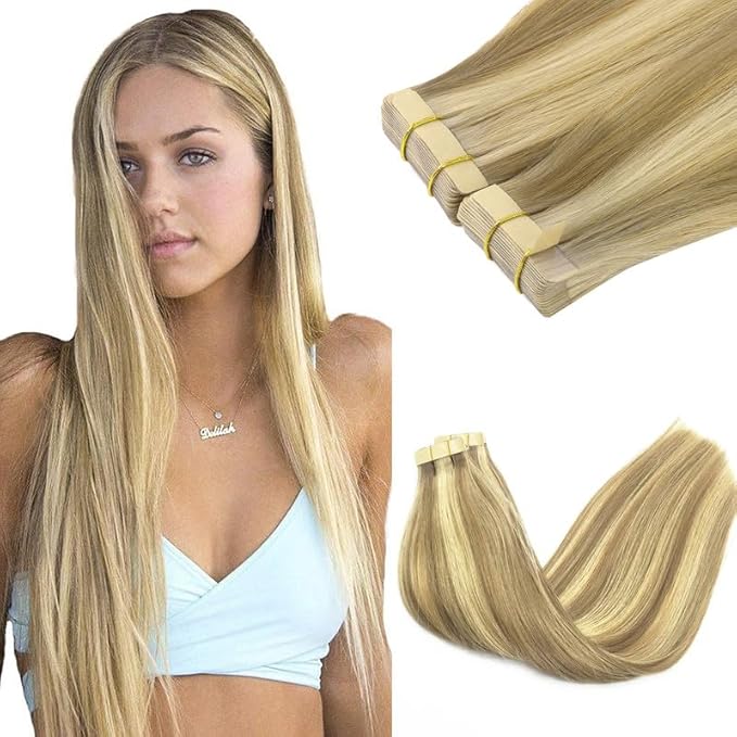 GOO GOO Tape in Hair Extensions Human Hair, 16/22 Light Blonde Highlighted Golden Blonde, 22inch 100g 40pcs, Skin Weft Seamless Invisible, Silky Straight with Thick Ends, Remy Human Hair