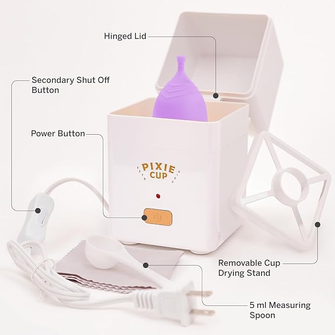 Pixie Menstrual Cups with Sterilizer - The Most Comfortable Soft Reusable Period Cup - Kills 99.9% of Germs with Clean Steam - Wash Your Cup in 3 Minutes! - Compact Sanitizer Kit for Feminine Care