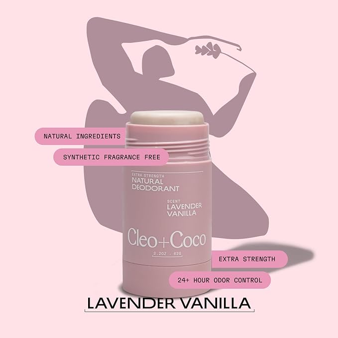 Cleo+Coco Extra Strength Deodorant Balm, Lavender Vanilla (2-Pack, 2.2 oz Each), Aluminum-Free Natural Deodorant with 5X Odor Fighters, Vegan, No Synthetic Fragrance (2 Pack, Lavender Vanilla)